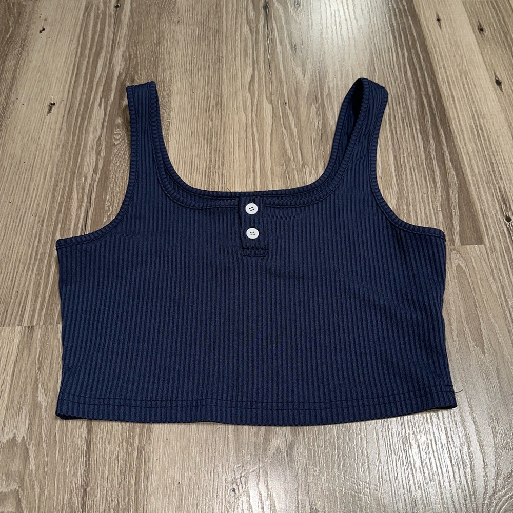 Dark Blue Ribbed & Cropped Button Tank Top - Size Small (S)